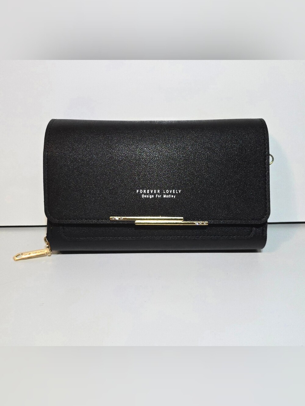 Forever Lovely Design For Madley Faux-Leather Black Clutch Wallet W/Strap NWOT